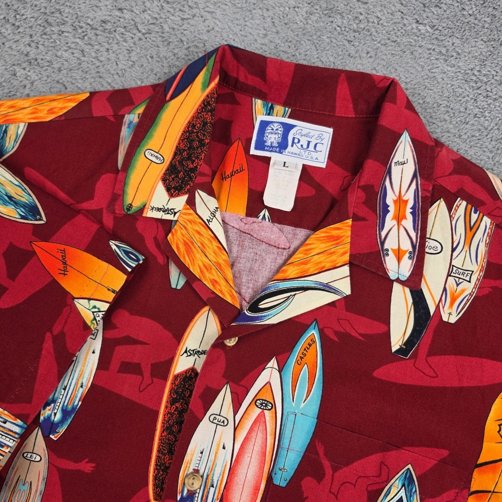 RJC Hawaiian Shirt Mens Large Red Surfboard Print Cotton Aloha Button Down USA
